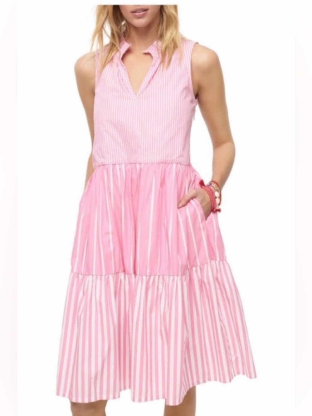 J.Crew Sleeveless Seersucker Tiered Popover Mixed Stripe Pink Poplin Dress Siz S